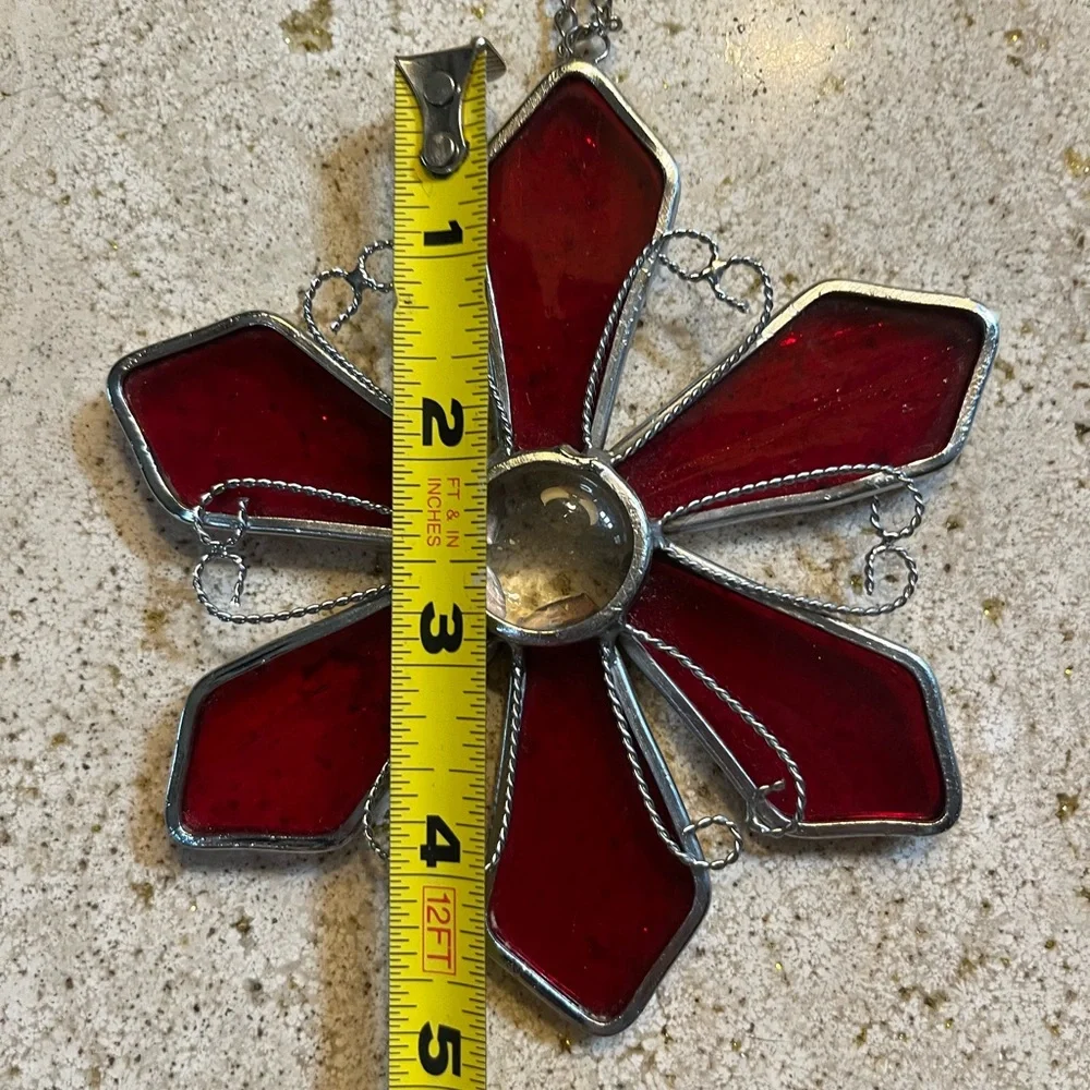 Red burgundy flower stained glass handmade Suncatcher Christmas ornament